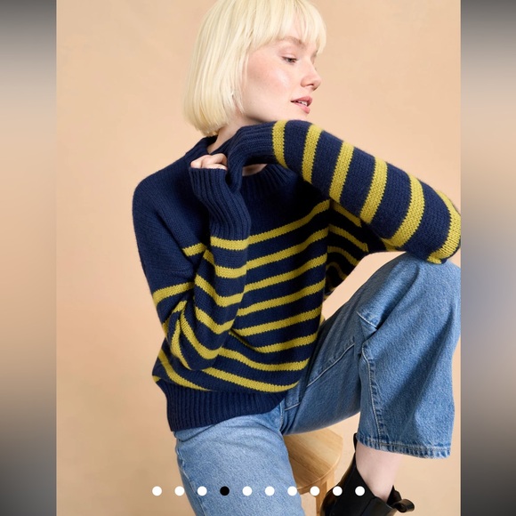 LA Ligne Marin Striped Cashmere/Wool Blend Navy & Chartreuse Sweater, XXS/XS - Picture 2 of 10